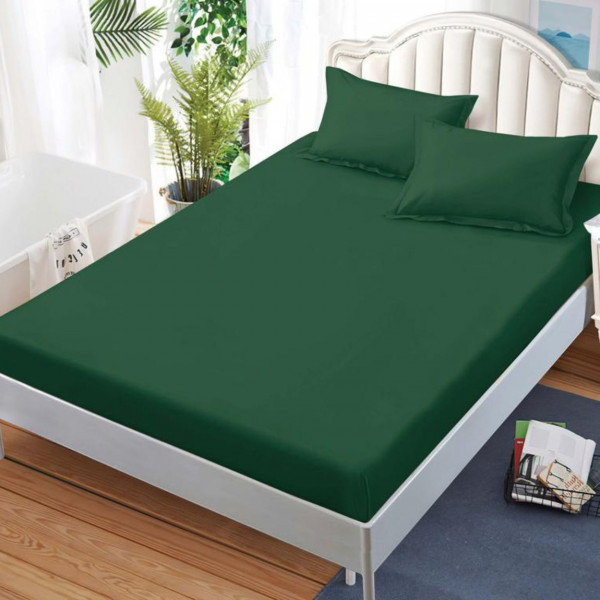 Husa de pat cu elastic si 2 fete de perna, bumbac tip finet, Uni, pat 2 persoane, verde inchis, HBFJ-157