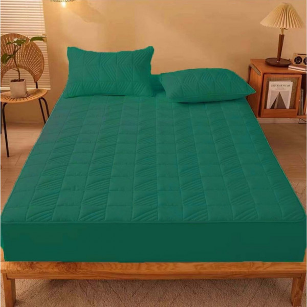 Husa de pat cu elastic si 2 fete de perna, policoton, pat 2 persoane, verde, HPEC-04