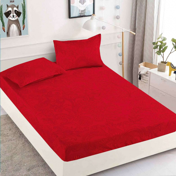Husa de pat cu elastic si 2 fete de perna, tesatura tip finet, pat 2 persoane, rosu, HBF-266 - Img 1
