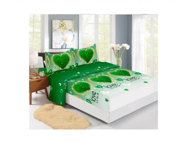 Husa de pat Finet + 2 fete de perna, pentru saltea de 160x200 cm, inimi verzi 💚