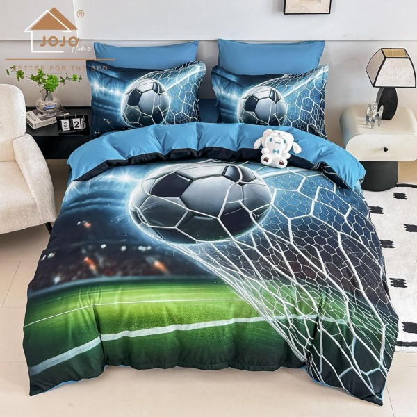 Lenjerie de Pat 5D Finet Albastră „Minge de Fotbal” | 4 Piese | Imprimeu Digital | Pat 1 Persoană | JOJO HOME