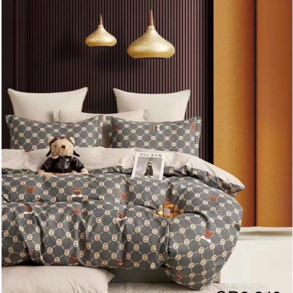 Lenjerie de pat, bumbac tip finet satinat, pat 2 persoane, crem / gri antracit, 6 piese, FNY-159
