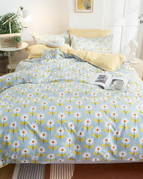 Lenjerie de pat cu 2 fete, bumbac satinat, pat 1 persoana, 4 piese, galben / verde, J1-124