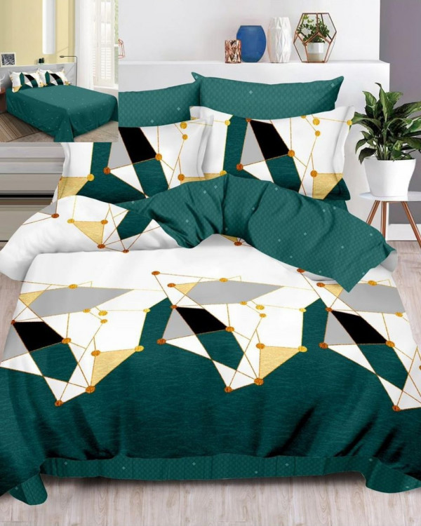 Lenjerie de pat cu 2 fete, tesatura tip finet, pat 2 persoane, 6 piese, alb / verde, FN-530