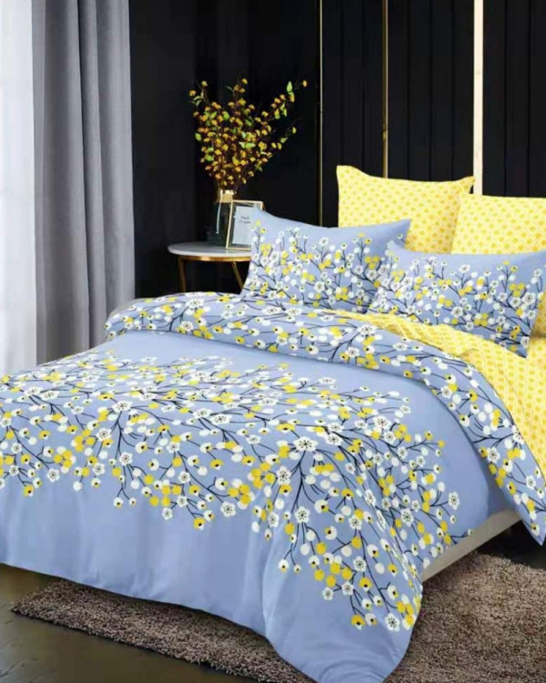 Lenjerie de pat cu 2 fete, tesatura tip finet, pat 2 persoane, 6 piese, galben / albastru, FN-463