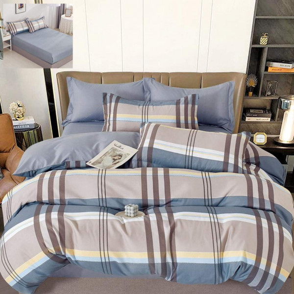 Lenjerie de pat cu 2 fete, tesatura tip finet, pat 2 persoane, 6 piese, albastru / bej inchis, R60-539