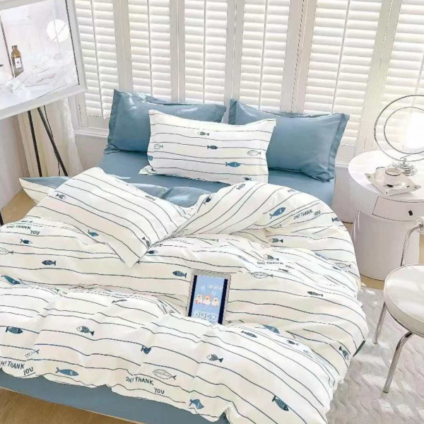Lenjerie de pat cu 2 fete, tesatura tip finet, pat 2 persoane, alb / albastru, 6 piese, R60-498