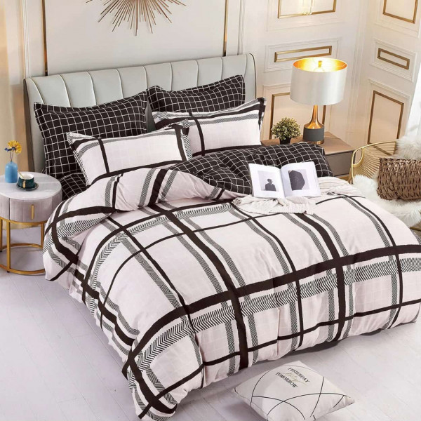 Lenjerie de pat cu elastic, bumbac tip finet, pat 2 persoane, alb / negru, 6 piese, FNJE-86