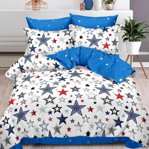 Lenjerie de pat cu elastic, bumbac tip finet, pat 2 persoane, alb / albastru deschis, 6 piese, FN-567