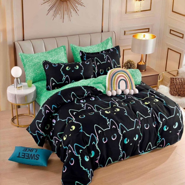 Lenjerie de pat cu elastic, tesatura tip finet, pat 2 persoane, 6 piese, verde / negru, FNJE-160
