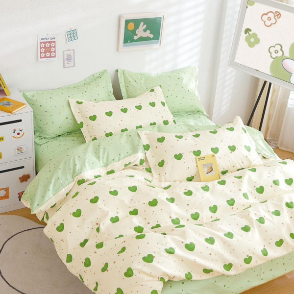 Lenjerie de pat cu elastic, tesatura tip finet, pat 2 persoane, crem / verde, 6 piese, FNE-207