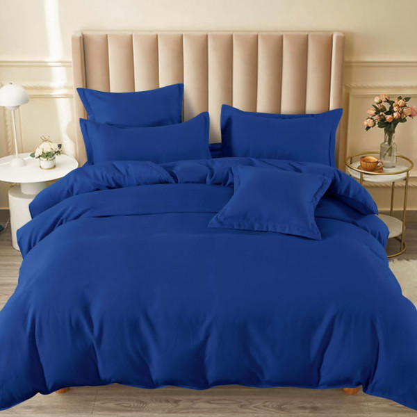 Lenjerie de pat cu elastic, tesatura tip finet, uni, pat 2 persoane, bleumarin, 6 piese, FNE-189