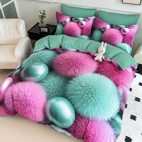 Lenjerie de pat din finet 4 piese 💚 Roz & Verde Mentă | Imprimeu digital 5D | JOJO HOME | Pat 1 persoană