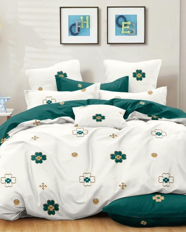 Lenjerie de pat din finet, pat 2 persoane, alb / verde, FNJ-207