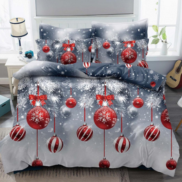 Lenjerie de pat Mos Crăciun cu elastic, tesatura tip finet, 6 piese, pat 2 persoane, rosu / gri, FNJEC-23