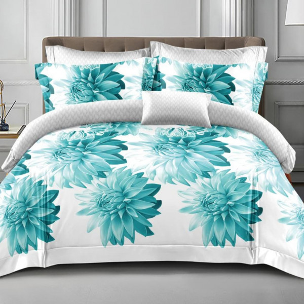 Lenjerie de pat policoton cu elastic dubla, alb / turquoise, 4 piese, E-46