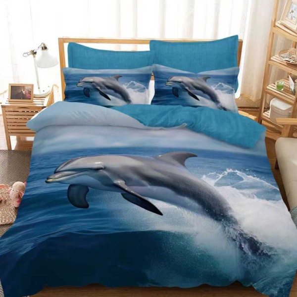 Lenjerie Finet 3D 6 Piese | Model Delfini în Valuri | Pat Dublu | Johnny Home Pucioasa