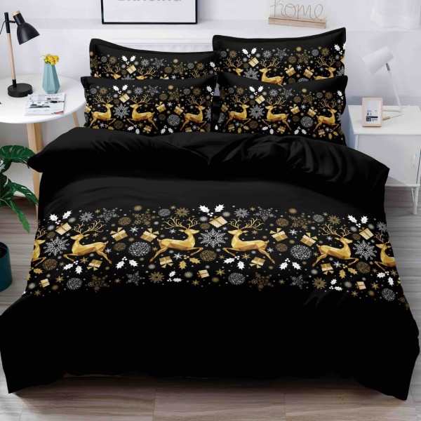 Lenjerie Finet 4 Piese | Model Ren Auriu pe Fundal Negru | Pat 1 Persoană | Jojo Home