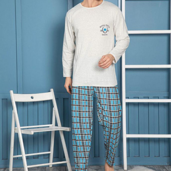 Pijama barbati, bumbac, alb murdar / albastru, PB-75 - Img 1