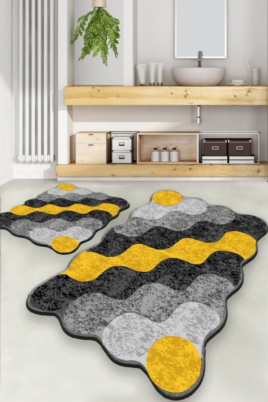 Set 2 covorase baie, 95x60 cm / 60x47 cm, poliester, gri / negru, 359CHL2573