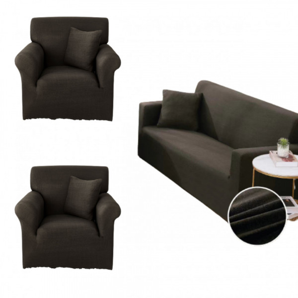 Set Huse Elastice, Canapea 3 locuri + 2 Fotolii, cu Brate, Uni, Negru, SHEJ-42