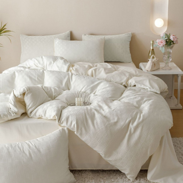 Set Lenjerie de Pat, Bumbac Tip Jacquard Finetat, 6 Piese, Crem, Jo-Jo Home, JJ-03
