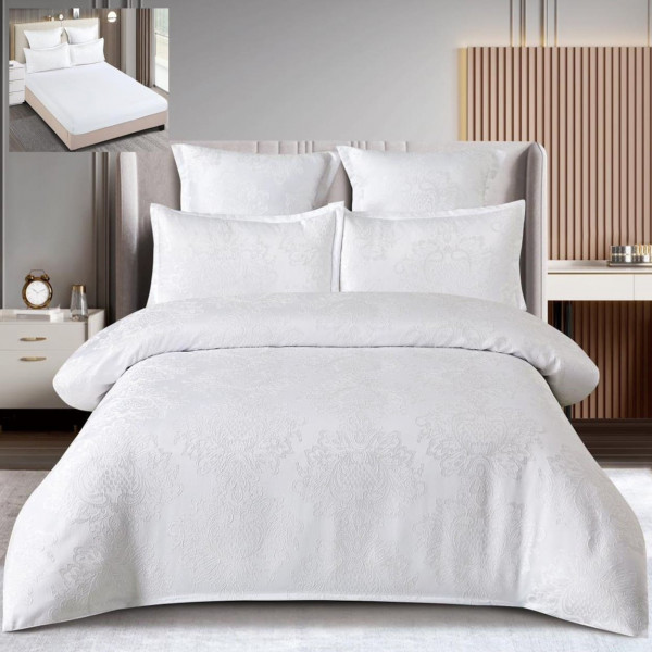 Set lenjerie de pat cu elastic, bumbac tip jacquard, 6 piese, pat 2 persoane, alb, T3-12