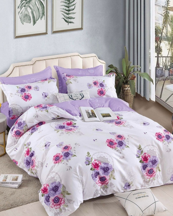Set Lenjerie Finet, Cearceaf de Pat cu Elastic, 6 Piese, Pat 2 Persoane, Purple Flowers, FNJE-56