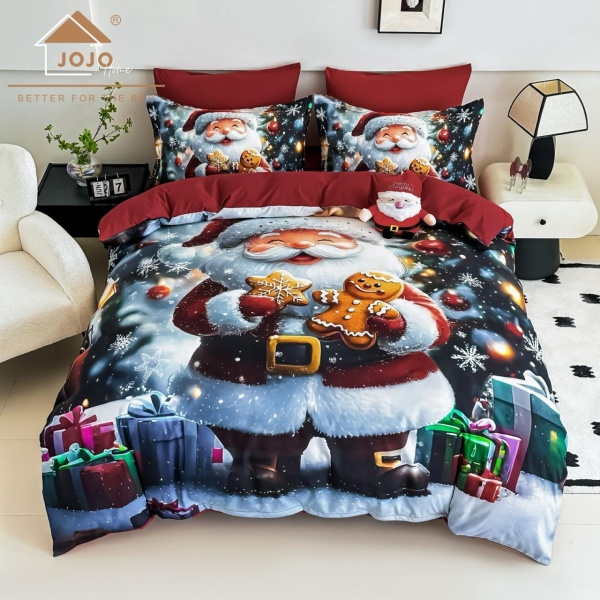 🎄 Lenjerie de Pat cu Elastic 6 Piese Crăciun Roșu | Moș Crăciun & Omuleț de Turtă Dulce | Imprimeu Digital 5D | Finet | Jojo Home