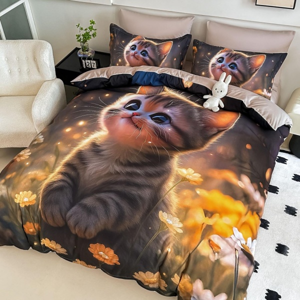 🐾 Lenjerie de Pat 6 Piese Bej | Pisicuță în Lumini de Apus | Imprimeu Digital 5D | Finet Catifelat | Jojo Home