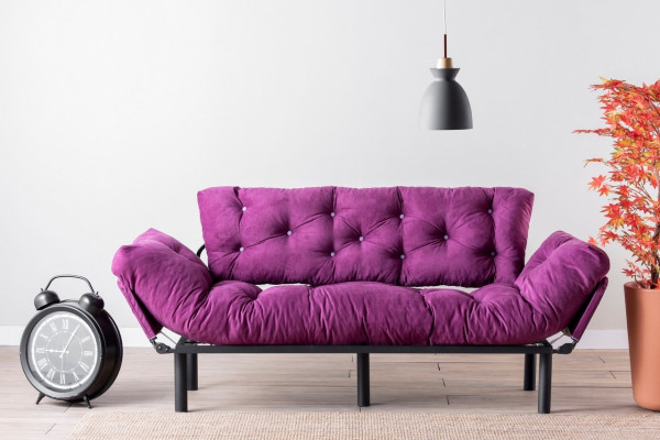 Canapea extensibila nitta triple, futon, 3 locuri, 225x70 cm, metal, mov