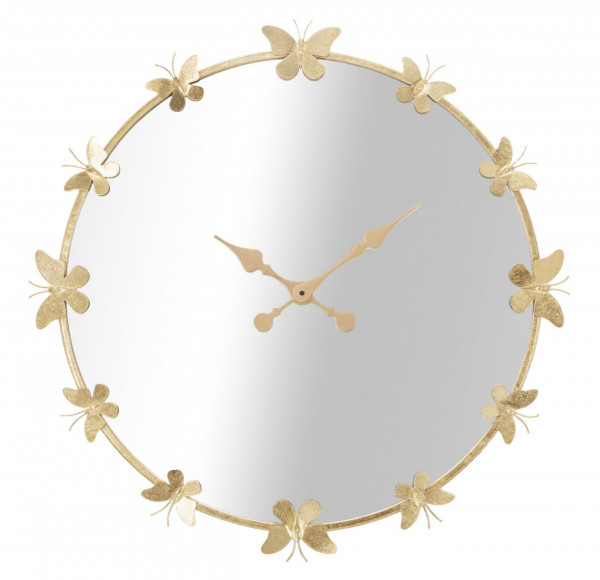 Ceas decorativ auriu din metal si oglinda, ∅ 75 cm, Butterfly Mauro Ferretti
