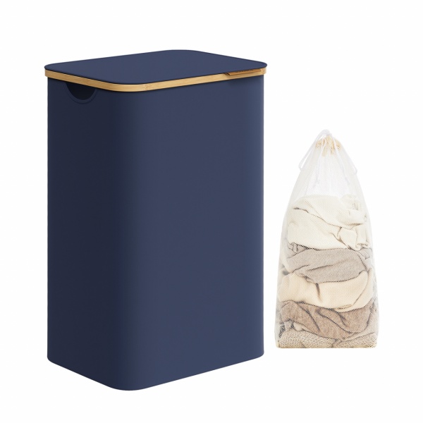 Cos de rufe cu sac detasabil, 42 x 32 x 70,5 cm, bambus / textil, albastru, Songmics