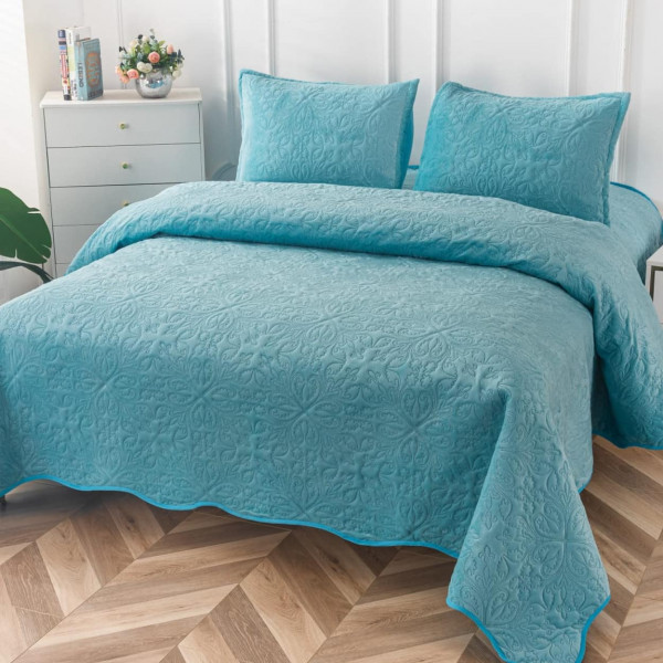 Cuvertura de pat si 2 fete de perne, catifea, Uni, pat dublu, turquoise, CCP-12