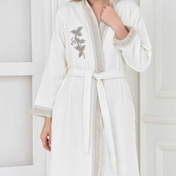 Halat de Baie Dama cu Broderie si Franjuri, Ecocotton Miya, 100% Bumbac, Alb, ECTH-05