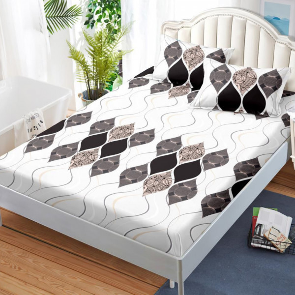 Husa de pat cu elastic si 2 fete de perna, bumbac tip finet, pat 2 persoane, alb / gri, HBFJ-170