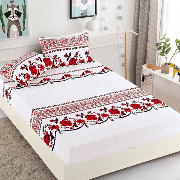 Husa de pat cu elastic si 2 fete de perna, bumbac tip finet, pat 2 persoane, alb / rosu, 3 piese, HBF-225