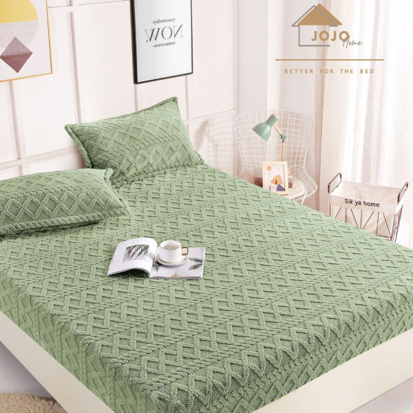 Husa de pat cu elastic si 2 fete de perna, Cocolino tip jacquard, Uni, pat 2 persoane, verde, HPC-03