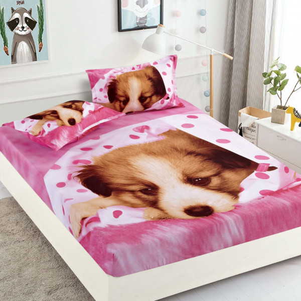 Husa de pat cu elastic si 2 fete de perna, imprimeu 3D, bumbac tip finet, pat 2 persoane, roz, HBF-176