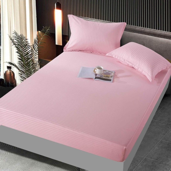 Husa de pat cu elastic si 2 fete de perna, tesatura tip Damasc, pat 2 persoane, roz, HBD-09 - Img 1