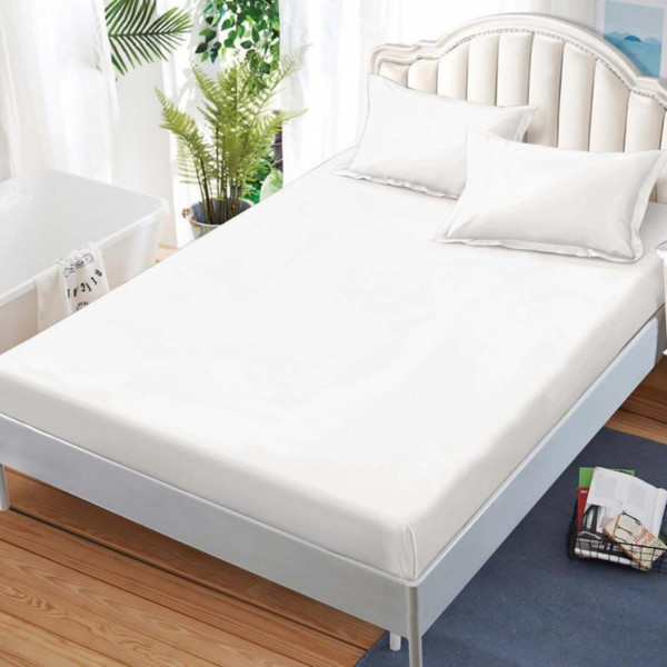 Husa de pat cu elastic si 2 fete de perna, tesatura tip finet, uni, pat 2 persoane, alb, HBFJ-149