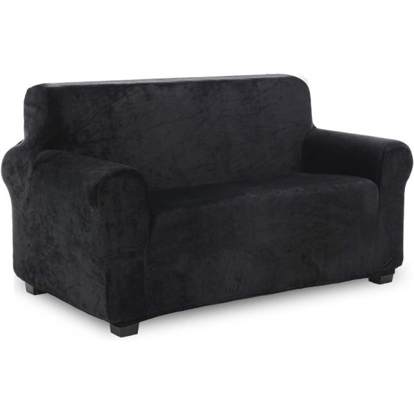 Husa elastica din catifea, canapea 2 locuri, cu brate, negru, HCCJ2-01 - Img 1