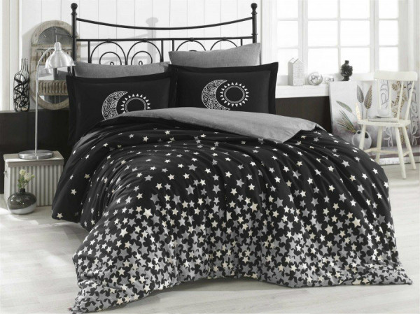 Lenjerie de Pat Bumbac 100% Poplin - Pat 2 Persoane - Hobby Home - Stars Black - HBP-44