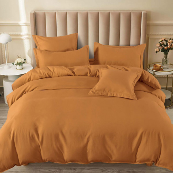 Lenjerie de pat, bumbac finet, cu elastic, uni, pat 2 persoane, portocaliu, 6 piese, FNE-190