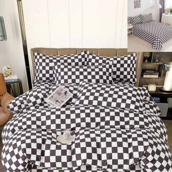 Lenjerie de pat cu 2 fete, tesatura tip finet, pat 2 persoane, 6 piese, alb / negru, R60-510