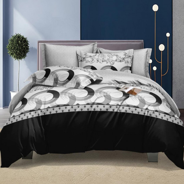 Lenjerie de pat cu elastic, policoton, pat 2 persoane, gri / negru, 4 piese, E-48 - Img 1