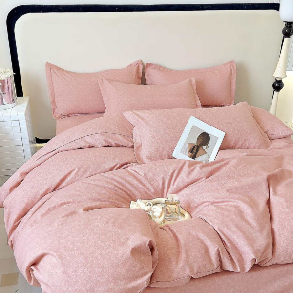 Lenjerie de pat cu elastic, tesatura tip finet, pat 2 persoane, 6 piese, roz, FNJE-148 - Img 1