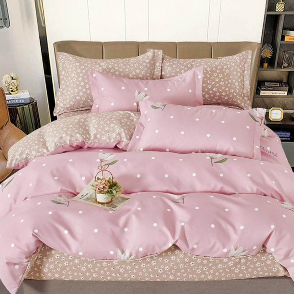 Lenjerie de pat cu elastic, tesatura tip finet, pat 2 persoane, roz / bej, 6 piese, FNE-208