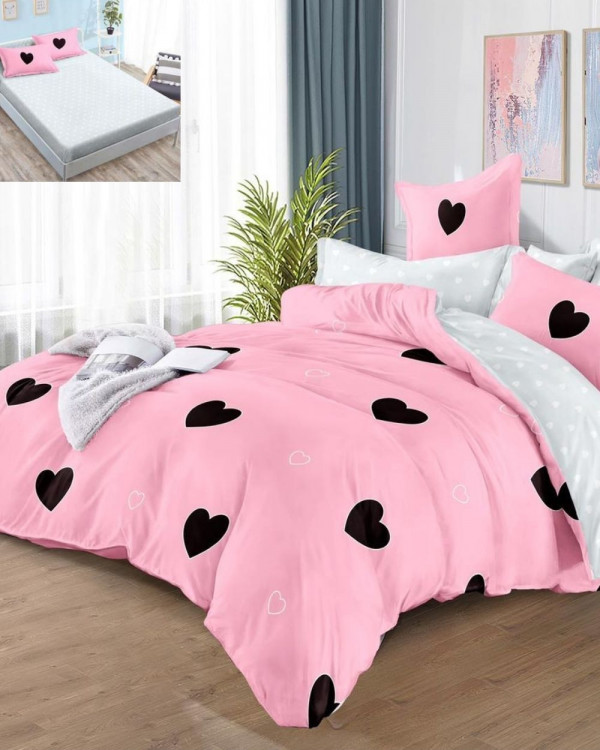 Lenjerie de pat cu elastic, tesatura tip finet, pat 2 persoane, roz / negru, 6 piese, FNE-17