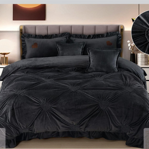Lenjerie de pat din catifea, cu pliuri, 6 piese, pat 2 persoane, negru, RH-04 - Img 1